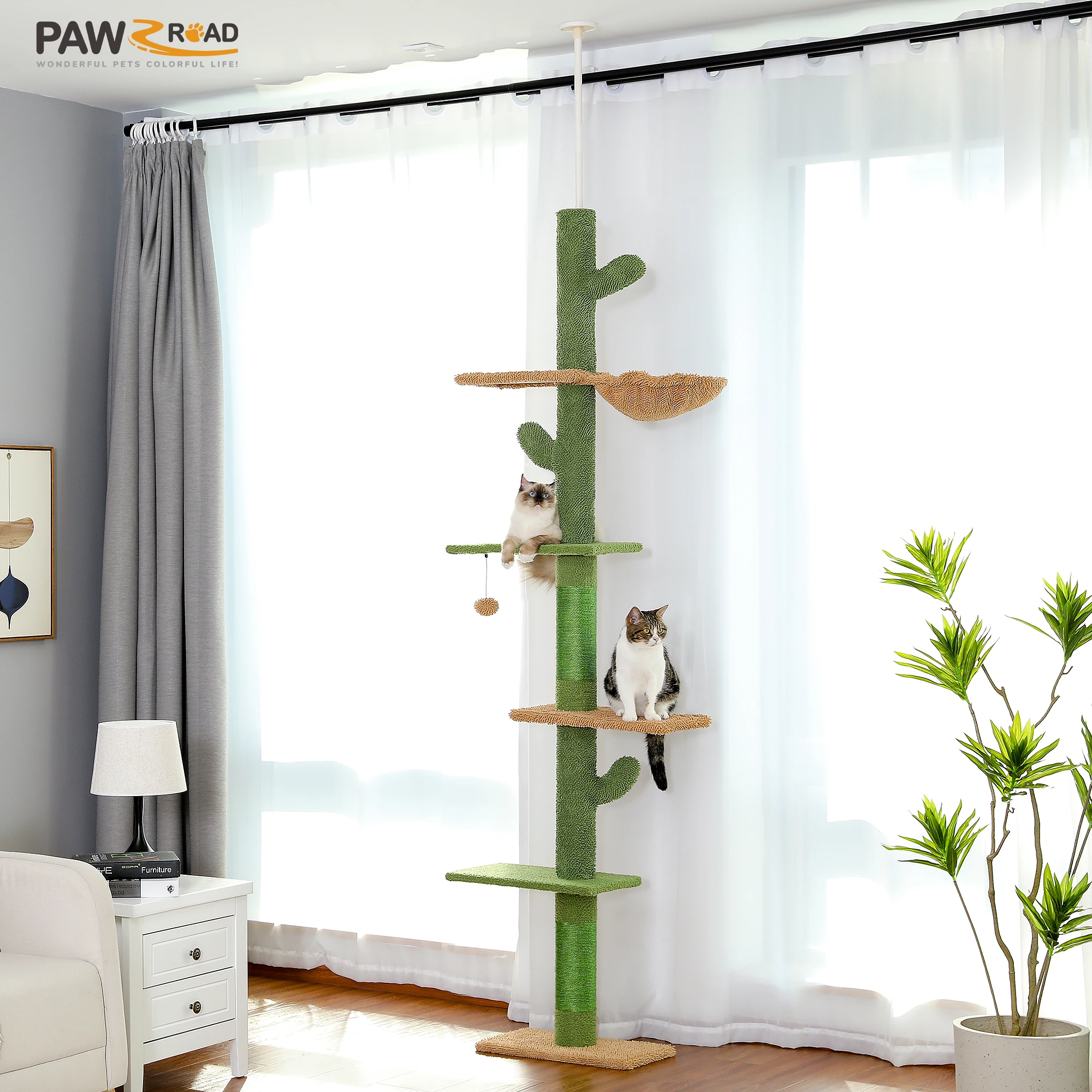 Cat Tree 5-Tier Floor to Ceiling Cat Tower Cactus Tall Climbing Tree with Scratching Post Hammock Dangling Ball for Indoor Cats - Image 9