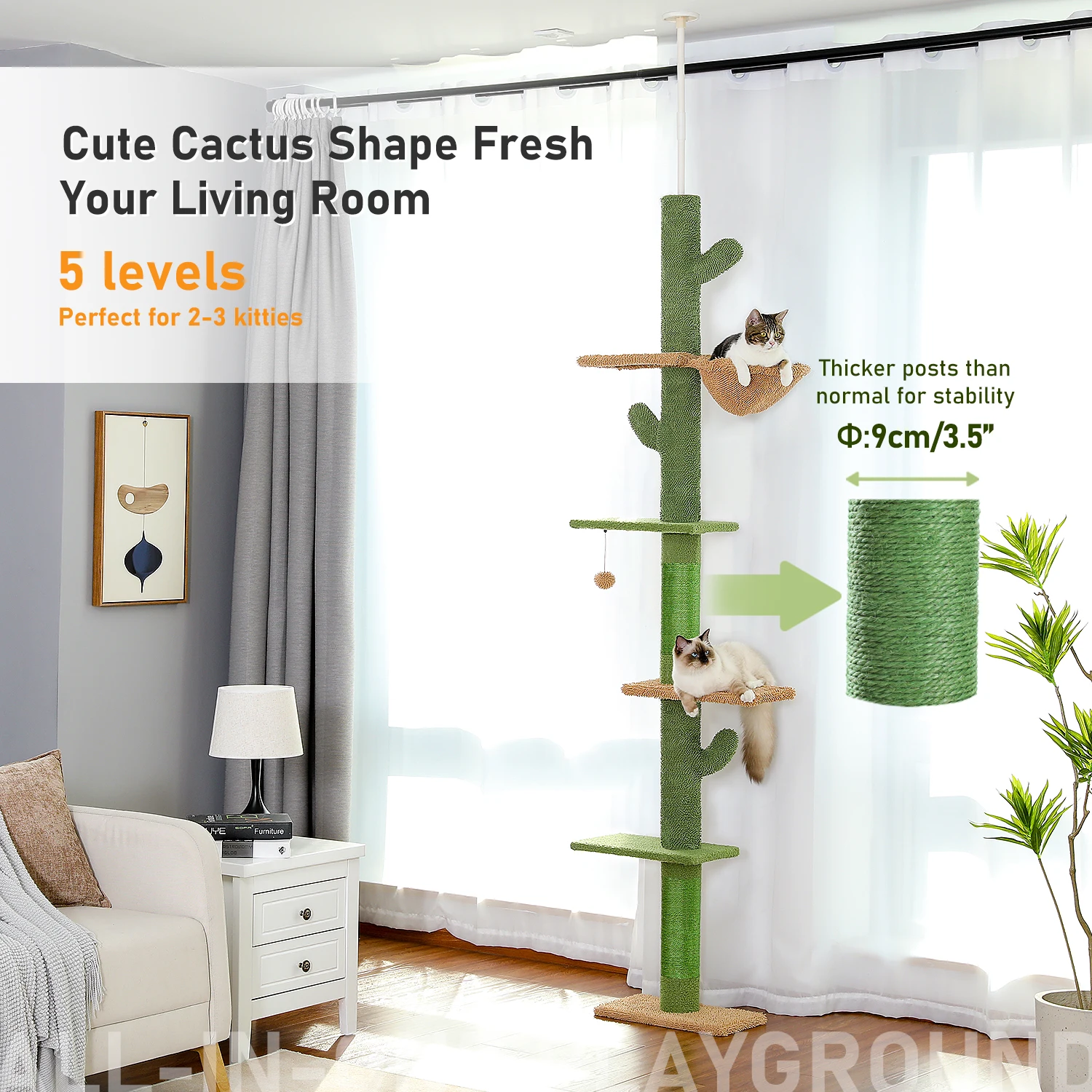 Cat Tree 5-Tier Floor to Ceiling Cat Tower Cactus Tall Climbing Tree with Scratching Post Hammock Dangling Ball for Indoor Cats - Image 10