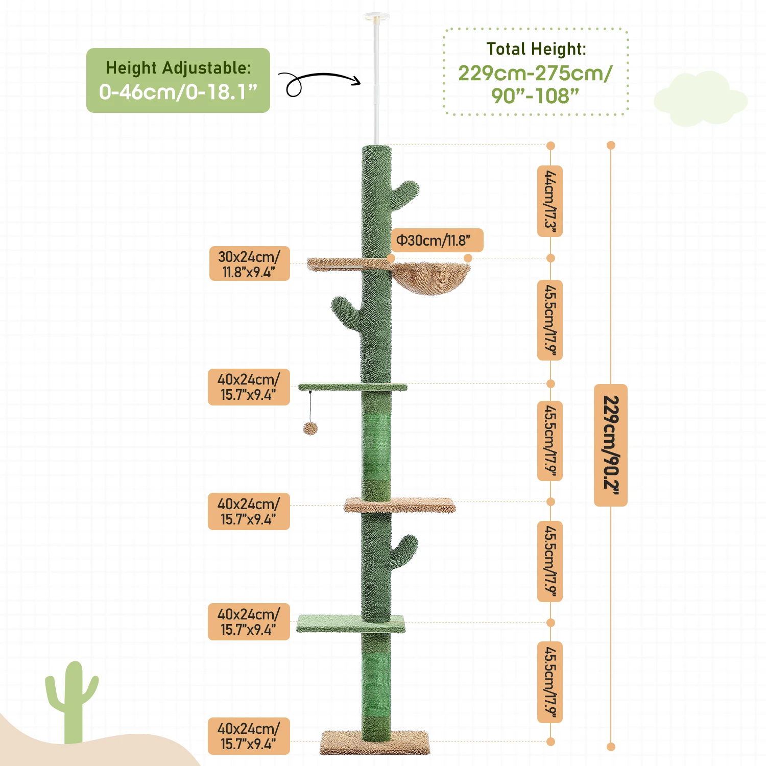 Cat Tree 5-Tier Floor to Ceiling Cat Tower Cactus Tall Climbing Tree with Scratching Post Hammock Dangling Ball for Indoor Cats - Image 8