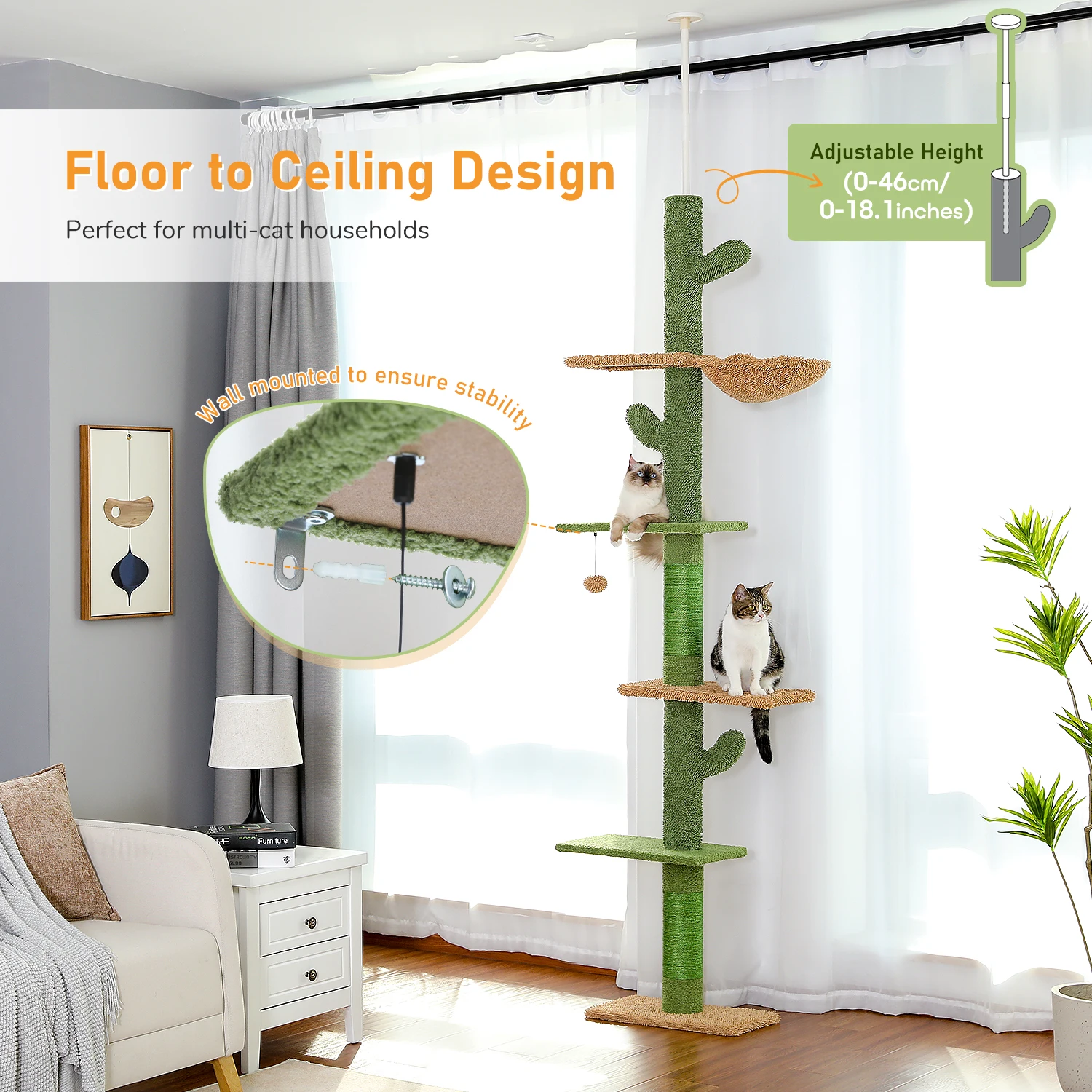 Cat Tree 5-Tier Floor to Ceiling Cat Tower Cactus Tall Climbing Tree with Scratching Post Hammock Dangling Ball for Indoor Cats - Image 11