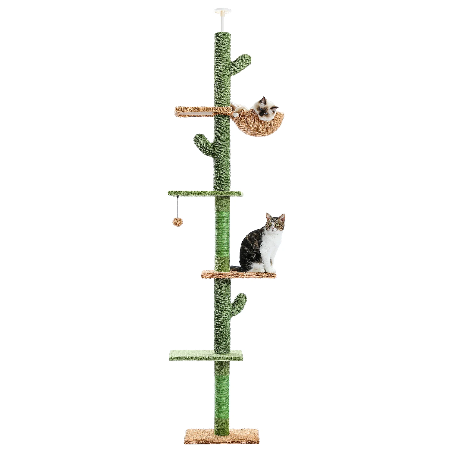 Cat Tree 5-Tier Floor to Ceiling Cat Tower Cactus Tall Climbing Tree with Scratching Post Hammock Dangling Ball for Indoor Cats - Image 16
