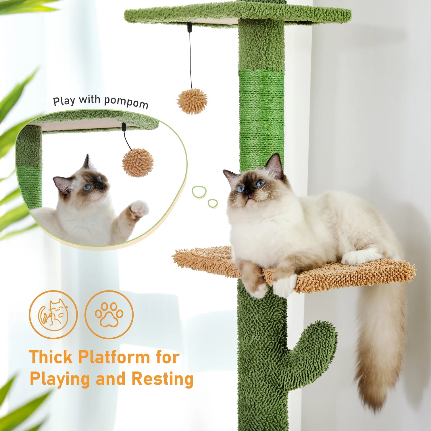Cat Tree 5-Tier Floor to Ceiling Cat Tower Cactus Tall Climbing Tree with Scratching Post Hammock Dangling Ball for Indoor Cats - Image 12